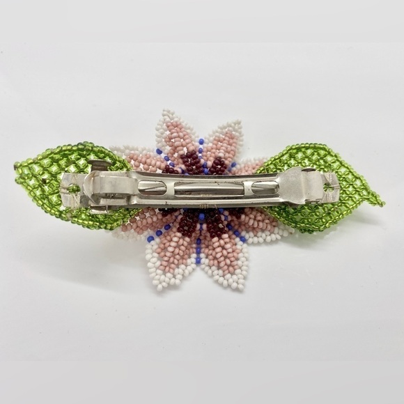 Handmade Artisan by Huicholes Mexican pink Beaded Flower Hair Barrett - Picture 2 of 2